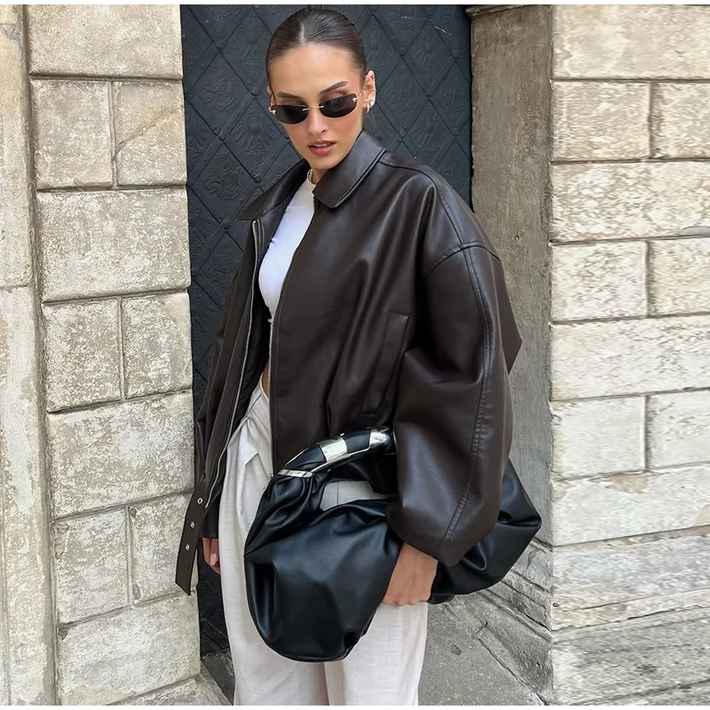 Street Metal Buckle Short Leather Jackets Women Solid Lapel Zipper Long Sleeve Warm Coats 2025 Autumn Lady Chic Thick Outwears