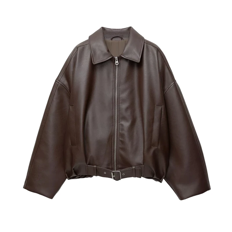 Street Metal Buckle Short Leather Jackets Women Solid Lapel Zipper Long Sleeve Warm Coats 2025 Autumn Lady Chic Thick Outwears