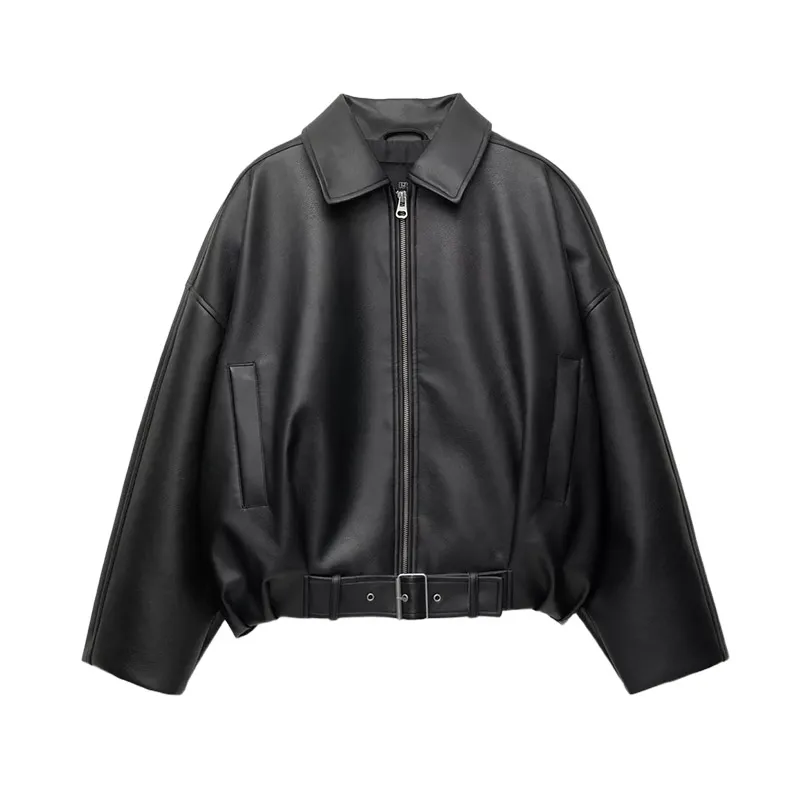 Street Metal Buckle Short Leather Jackets Women Solid Lapel Zipper Long Sleeve Warm Coats 2025 Autumn Lady Chic Thick Outwears