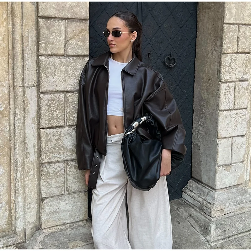 Street Metal Buckle Short Leather Jackets Women Solid Lapel Zipper Long Sleeve Warm Coats 2025 Autumn Lady Chic Thick Outwears