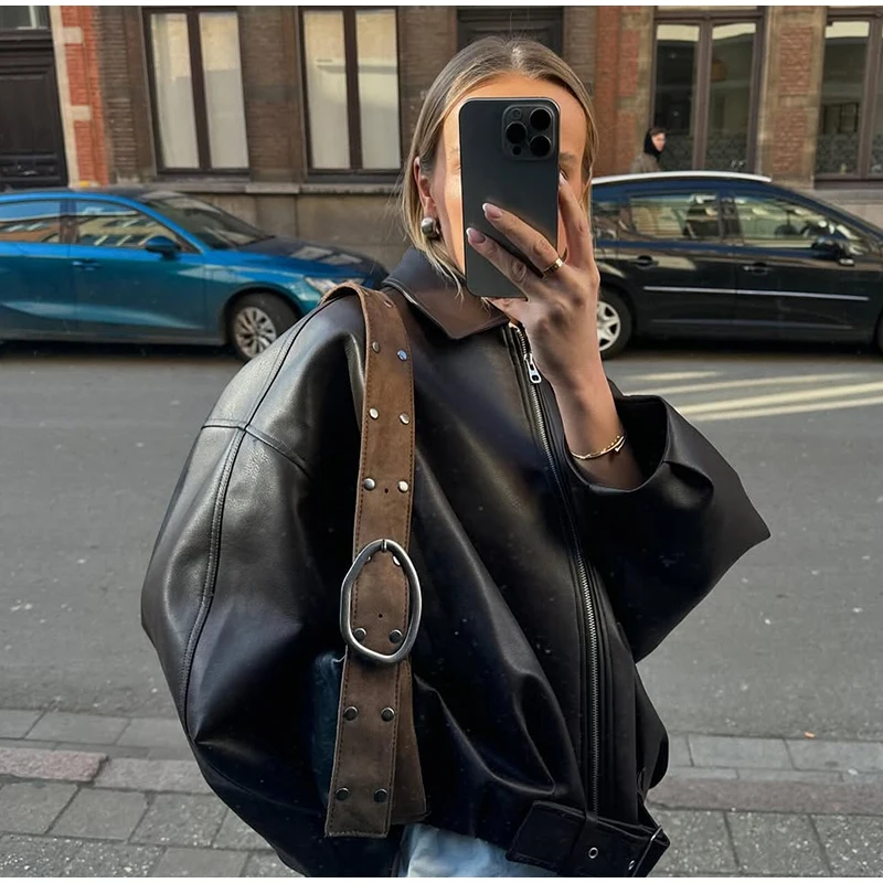 Street Metal Buckle Short Leather Jackets Women Solid Lapel Zipper Long Sleeve Warm Coats 2025 Autumn Lady Chic Thick Outwears