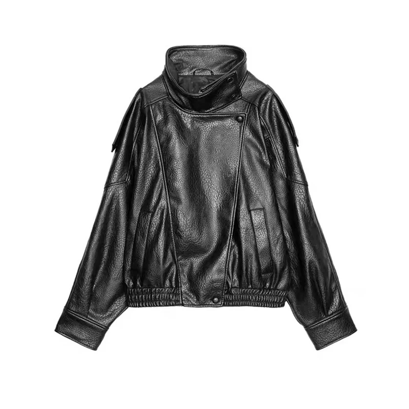Street Metal Buckle Short Leather Jackets Women Solid Lapel Zipper Long Sleeve Warm Coats 2025 Autumn Lady Chic Thick Outwears