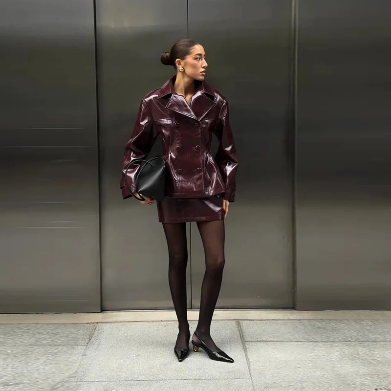 Retro Leather Blazers Short Skirts Suit Women's Stylish Lapel Double-breasted Jackets 2025 New Autumn Winter Ladies Streetwear