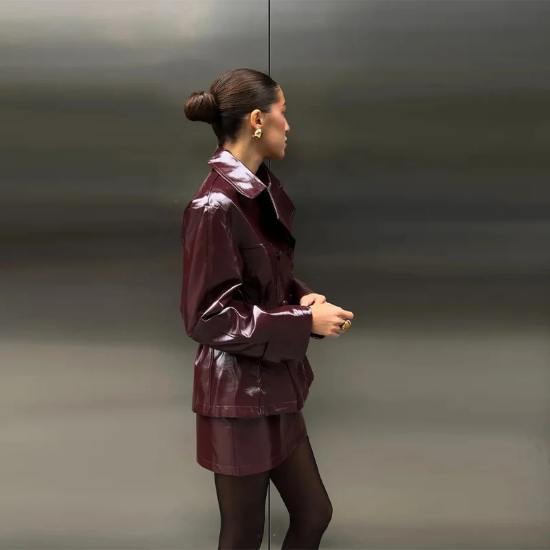 Retro Leather Blazers Short Skirts Suit Women's Stylish Lapel Double-breasted Jackets 2025 New Autumn Winter Ladies Streetwear