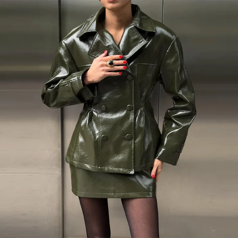 Retro Leather Blazers Short Skirts Suit Women's Stylish Lapel Double-breasted Jackets 2025 New Autumn Winter Ladies Streetwear