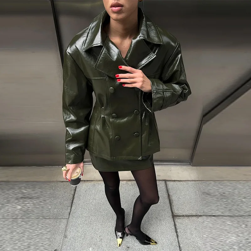 Retro Leather Blazers Short Skirts Suit Women's Stylish Lapel Double-breasted Jackets 2025 New Autumn Winter Ladies Streetwear