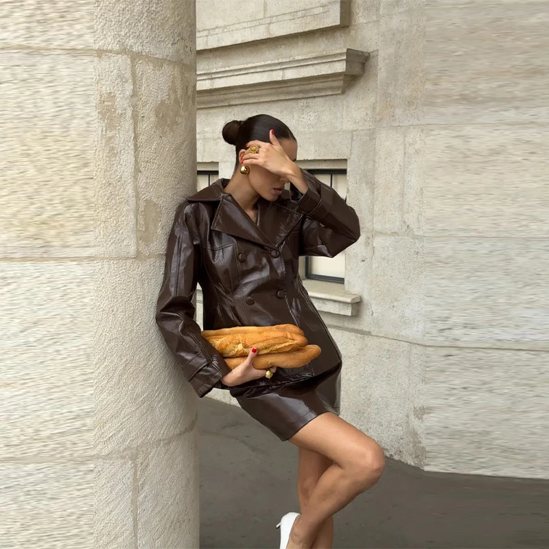 Retro Leather Blazers Short Skirts Suit Women's Stylish Lapel Double-breasted Jackets 2025 New Autumn Winter Ladies Streetwear