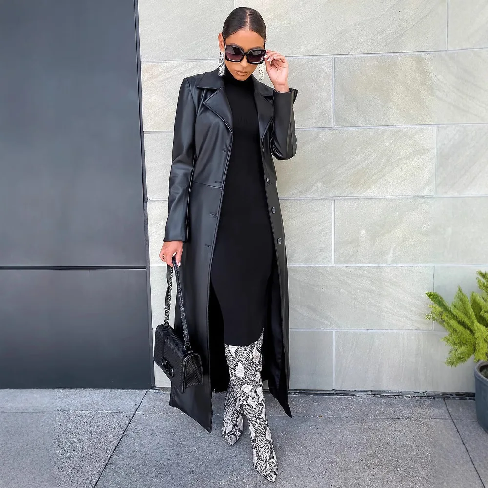 Faux PU Leather Coats Women Single Breasted Long Coat Turn Down Collar Y2k Streetwear Jackets Splice Open Stitch 2025 Jacket