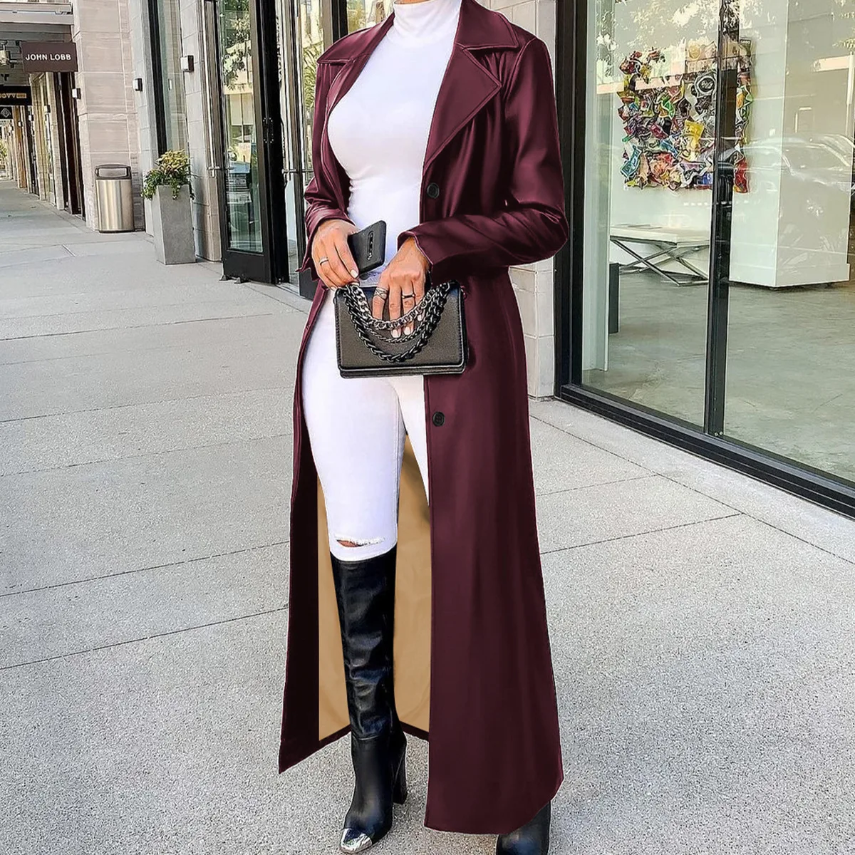 Faux PU Leather Coats Women Single Breasted Long Coat Turn Down Collar Y2k Streetwear Jackets Splice Open Stitch 2025 Jacket