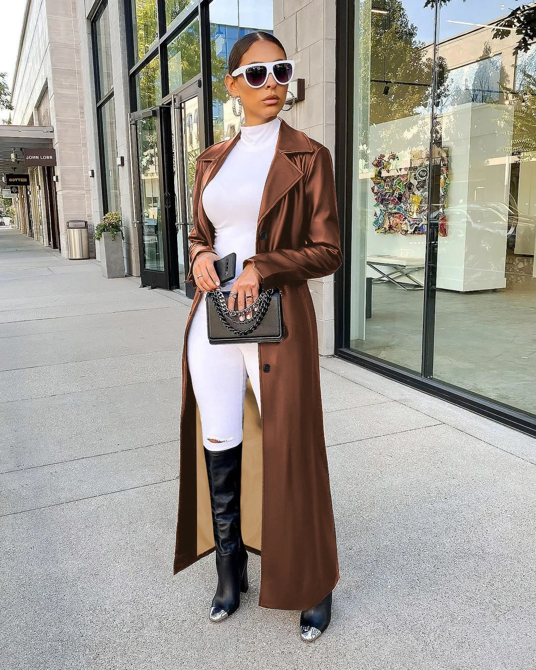 Faux PU Leather Coats Women Single Breasted Long Coat Turn Down Collar Y2k Streetwear Jackets Splice Open Stitch 2025 Jacket