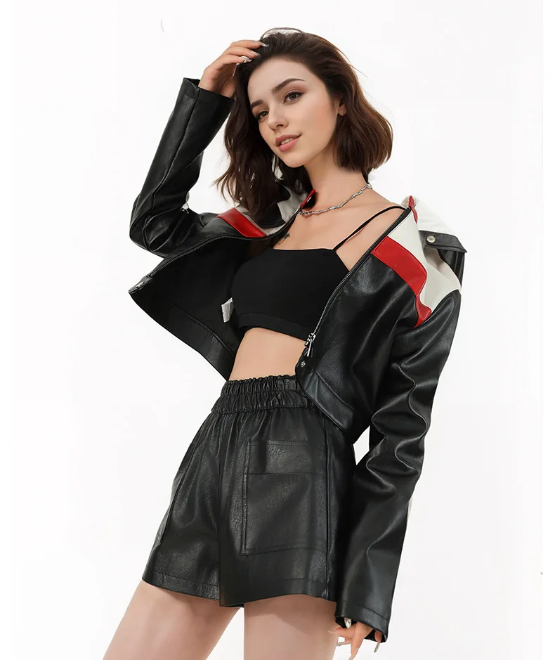 Women's Autumn/Winter Top Coat Imitation Leather Stand-up Collar Short Stripes Zipper Casual Design Fashion New Versatile Skinny