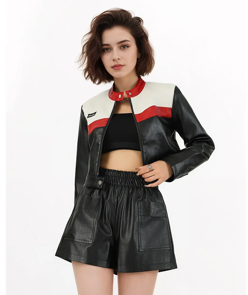 Women's Autumn/Winter Top Coat Imitation Leather Stand-up Collar Short Stripes Zipper Casual Design Fashion New Versatile Skinny