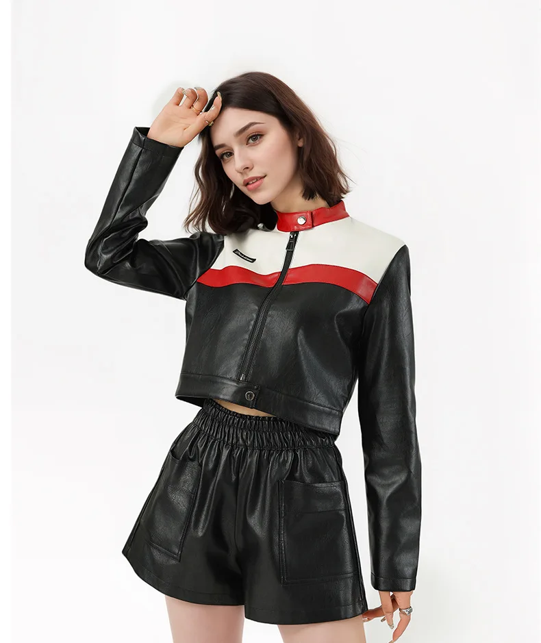 Women's Autumn/Winter Top Coat Imitation Leather Stand-up Collar Short Stripes Zipper Casual Design Fashion New Versatile Skinny