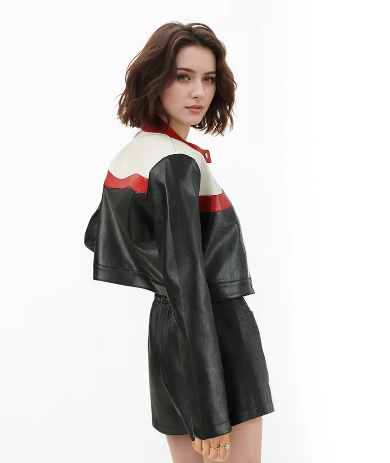 Women's Autumn/Winter Top Coat Imitation Leather Stand-up Collar Short Stripes Zipper Casual Design Fashion New Versatile Skinny