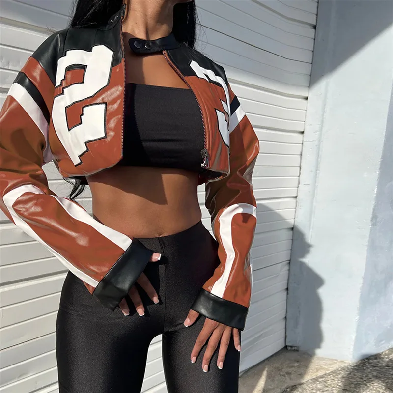 Women's Autumn/Winter Top Coat Imitation Leather Stand-up Collar Short Stripes Zipper Casual Design Fashion New Versatile Skinny