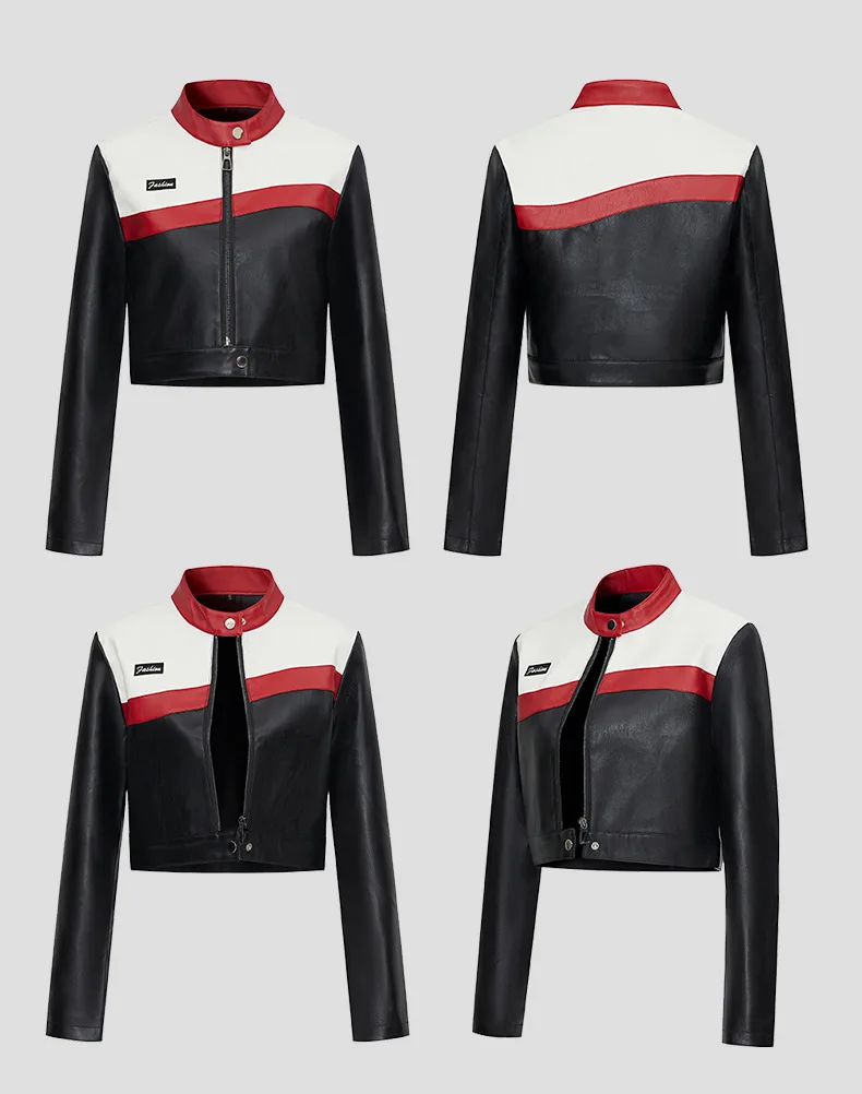 Women's Autumn/Winter Top Coat Imitation Leather Stand-up Collar Short Stripes Zipper Casual Design Fashion New Versatile Skinny
