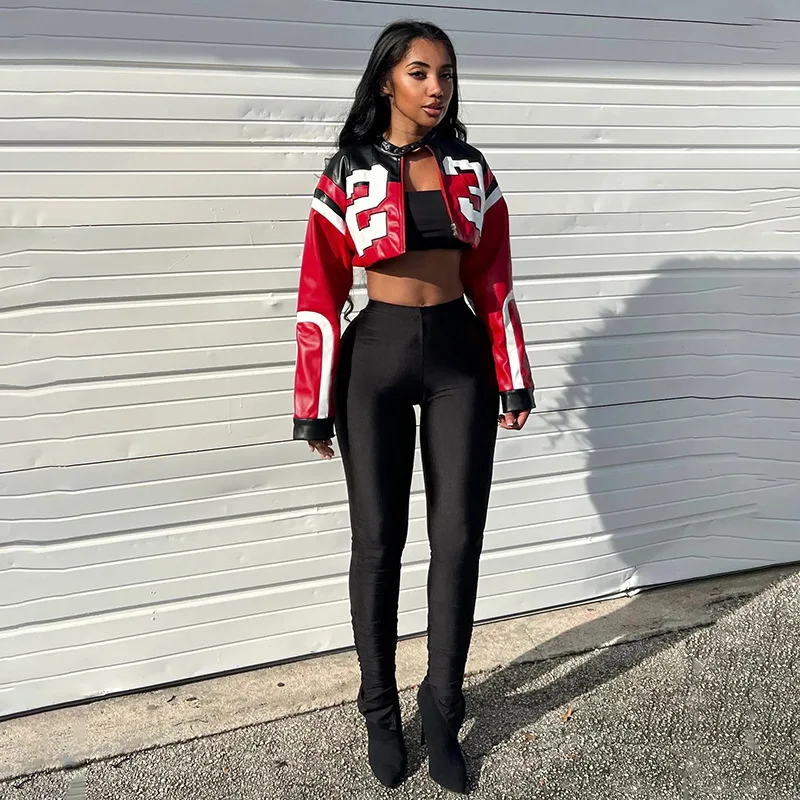 Women's Autumn/Winter Top Coat Imitation Leather Stand-up Collar Short Stripes Zipper Casual Design Fashion New Versatile Skinny