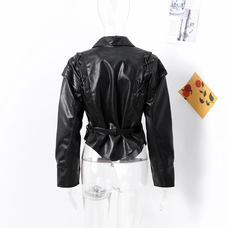 Faux Leather Brown Women Jackets Belt Lace Up Lapel Female Coat 2026 Autumn Vintage Casual Spring Long Sleeve Lady Outwear