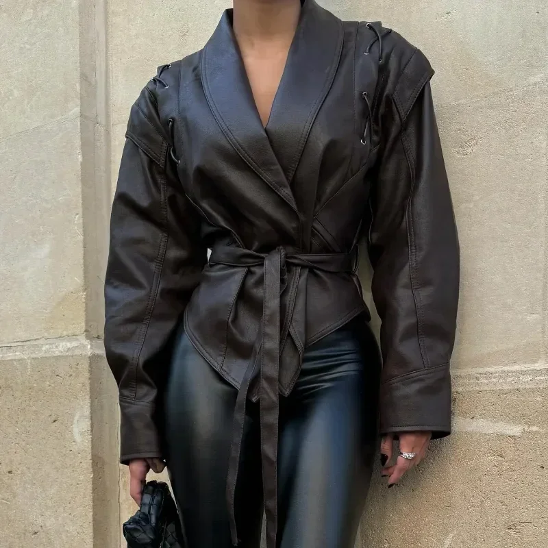 Faux Leather Brown Women Jackets Belt Lace Up Lapel Female Coat 2026 Autumn Vintage Casual Spring Long Sleeve Lady Outwear