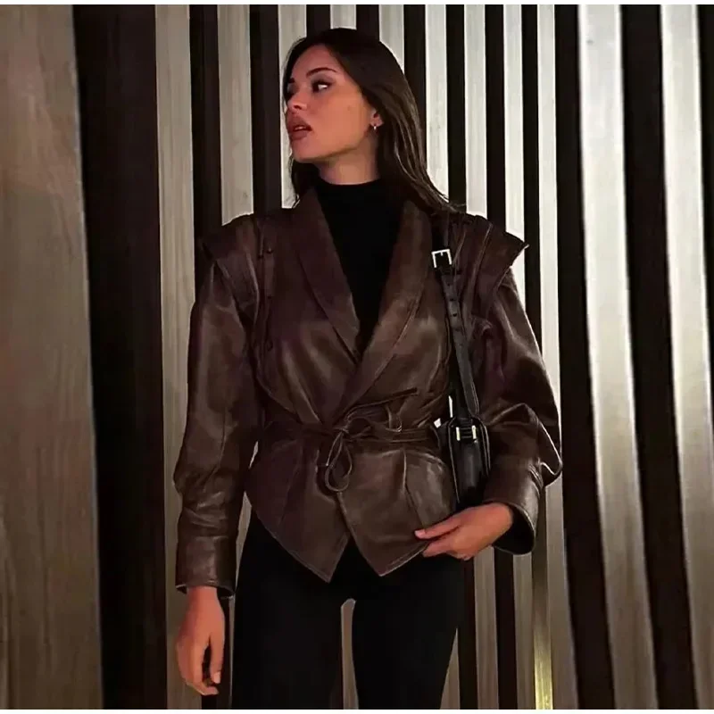 Faux Leather Brown Women Jackets Belt Lace Up Lapel Female Coat 2026 Autumn Vintage Casual Spring Long Sleeve Lady Outwear