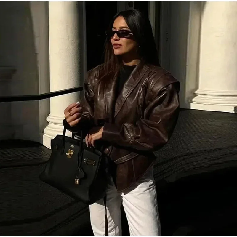 Faux Leather Brown Women Jackets Belt Lace Up Lapel Female Coat 2026 Autumn Vintage Casual Spring Long Sleeve Lady Outwear