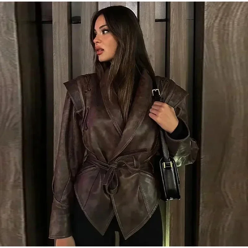 Faux Leather Brown Women Jackets Belt Lace Up Lapel Female Coat 2026 Autumn Vintage Casual Spring Long Sleeve Lady Outwear