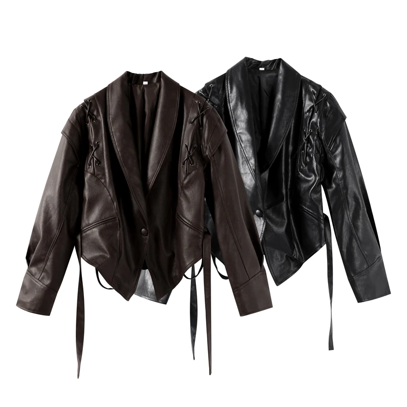 Faux Leather Brown Women Jackets Belt Lace Up Lapel Female Coat 2026 Autumn Vintage Casual Spring Long Sleeve Lady Outwear