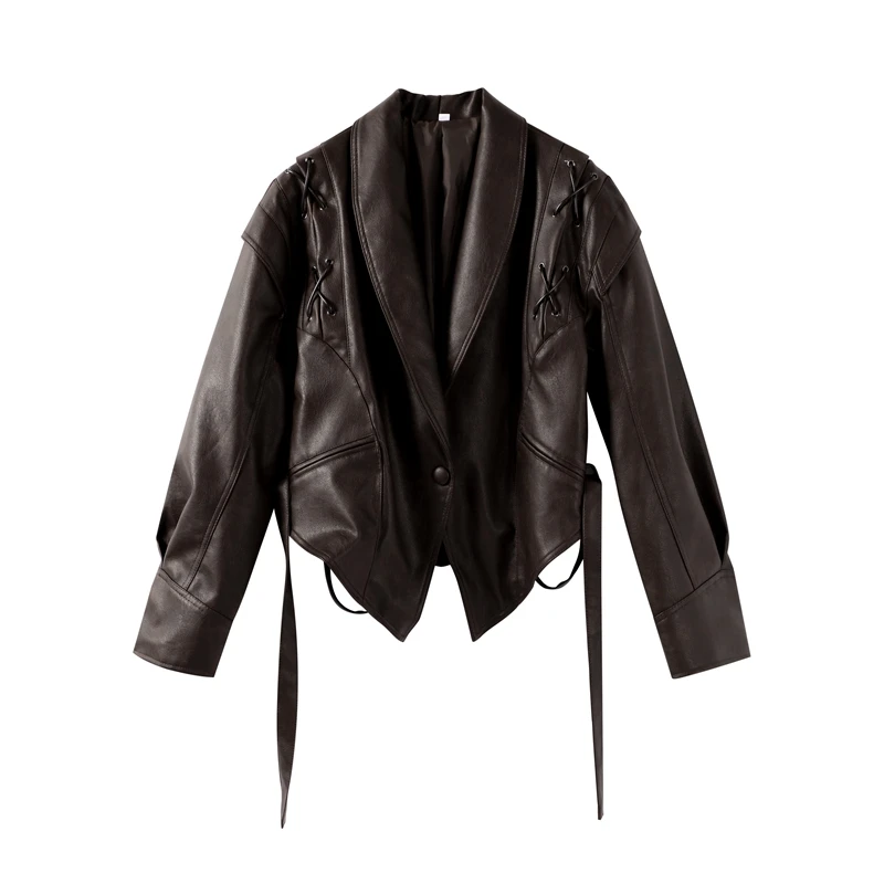 Faux Leather Brown Women Jackets Belt Lace Up Lapel Female Coat 2026 Autumn Vintage Casual Spring Long Sleeve Lady Outwear