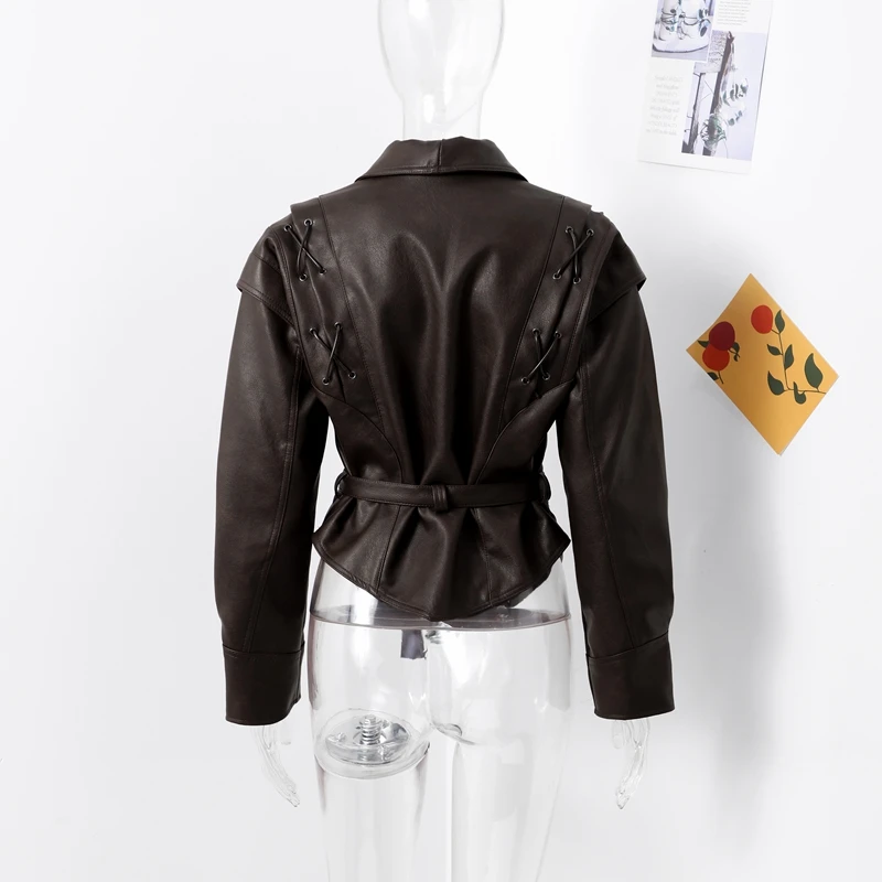 Faux Leather Brown Women Jackets Belt Lace Up Lapel Female Coat 2026 Autumn Vintage Casual Spring Long Sleeve Lady Outwear