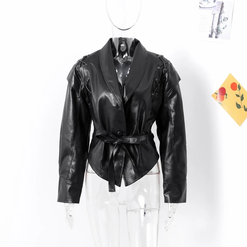Faux Leather Brown Women Jackets Belt Lace Up Lapel Female Coat 2026 Autumn Vintage Casual Spring Long Sleeve Lady Outwear