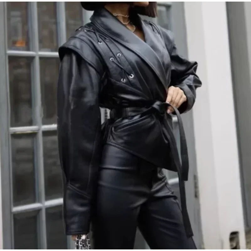 Faux Leather Brown Women Jackets Belt Lace Up Lapel Female Coat 2026 Autumn Vintage Casual Spring Long Sleeve Lady Outwear