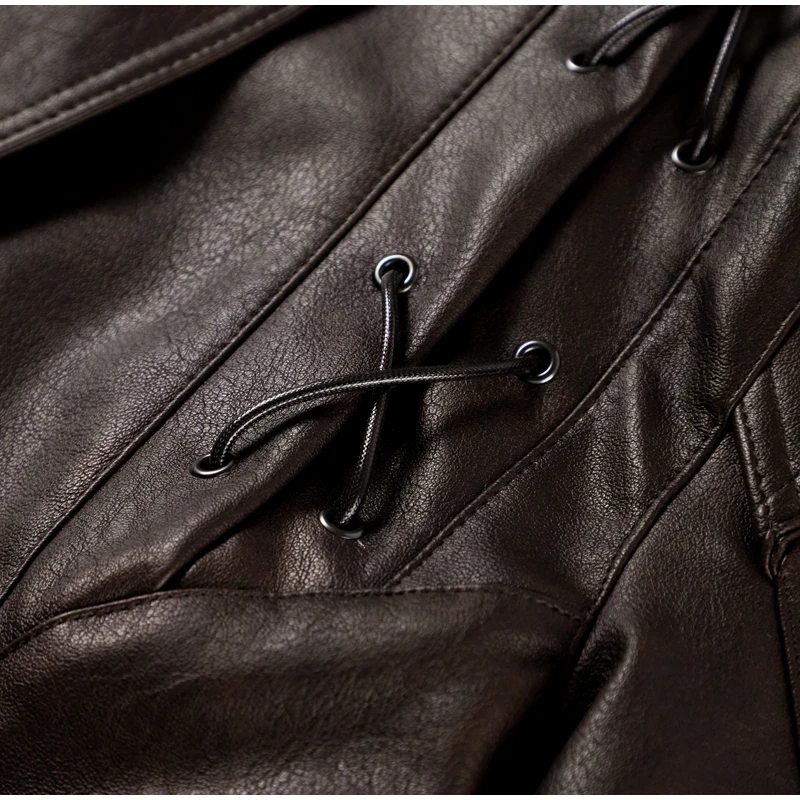 Faux Leather Brown Women Jackets Belt Lace Up Lapel Female Coat 2026 Autumn Vintage Casual Spring Long Sleeve Lady Outwear
