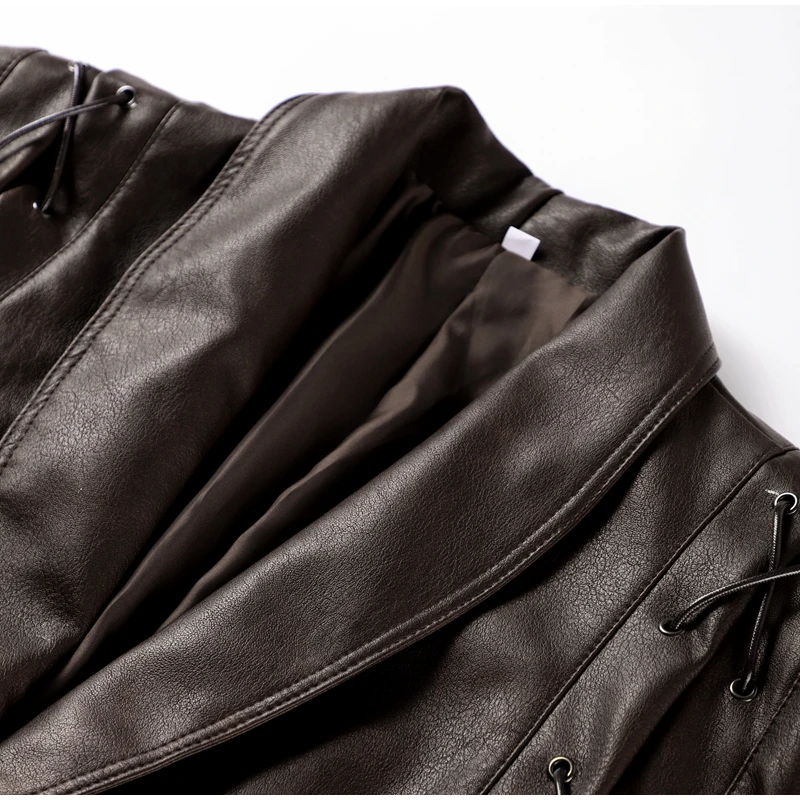 Faux Leather Brown Women Jackets Belt Lace Up Lapel Female Coat 2026 Autumn Vintage Casual Spring Long Sleeve Lady Outwear