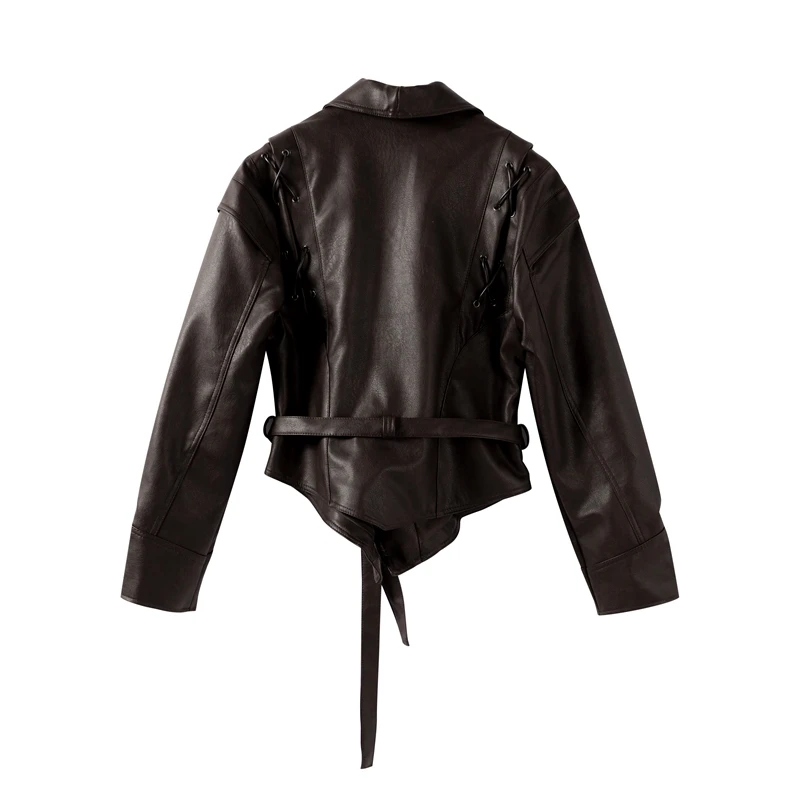 Faux Leather Brown Women Jackets Belt Lace Up Lapel Female Coat 2026 Autumn Vintage Casual Spring Long Sleeve Lady Outwear