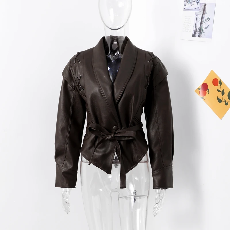 Faux Leather Brown Women Jackets Belt Lace Up Lapel Female Coat 2026 Autumn Vintage Casual Spring Long Sleeve Lady Outwear