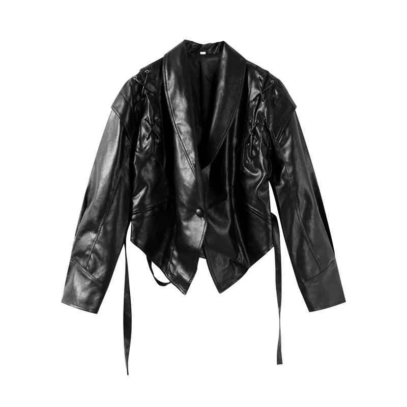 Faux Leather Brown Women Jackets Belt Lace Up Lapel Female Coat 2026 Autumn Vintage Casual Spring Long Sleeve Lady Outwear