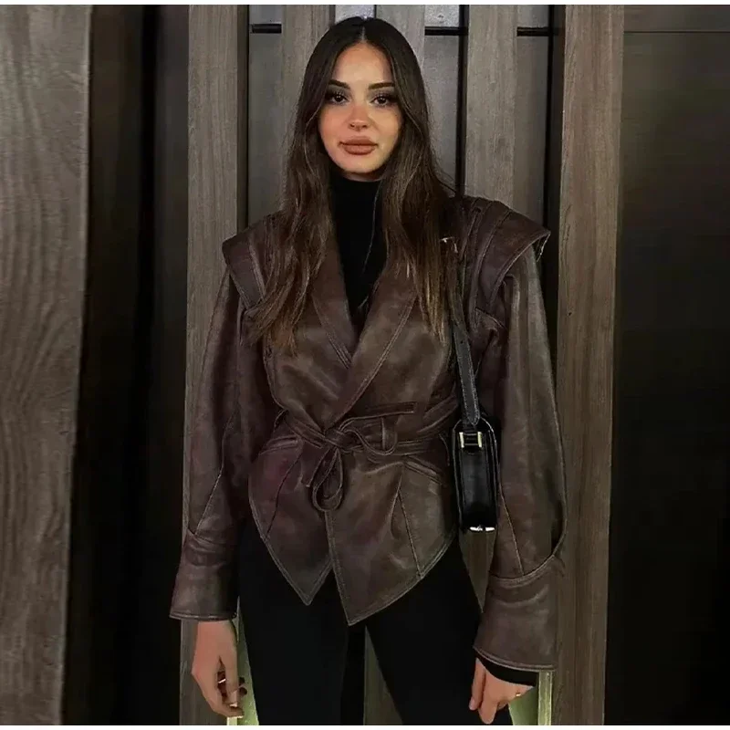 Faux Leather Brown Women Jackets Belt Lace Up Lapel Female Coat 2026 Autumn Vintage Casual Spring Long Sleeve Lady Outwear