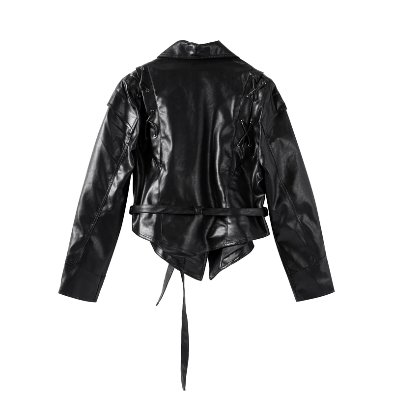 Faux Leather Brown Women Jackets Belt Lace Up Lapel Female Coat 2026 Autumn Vintage Casual Spring Long Sleeve Lady Outwear