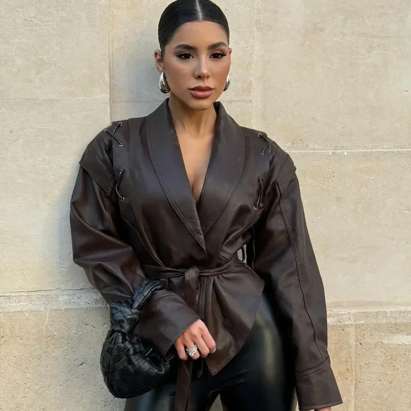 Faux Leather Brown Women Jackets Belt Lace Up Lapel Female Coat 2026 Autumn Vintage Casual Spring Long Sleeve Lady Outwear