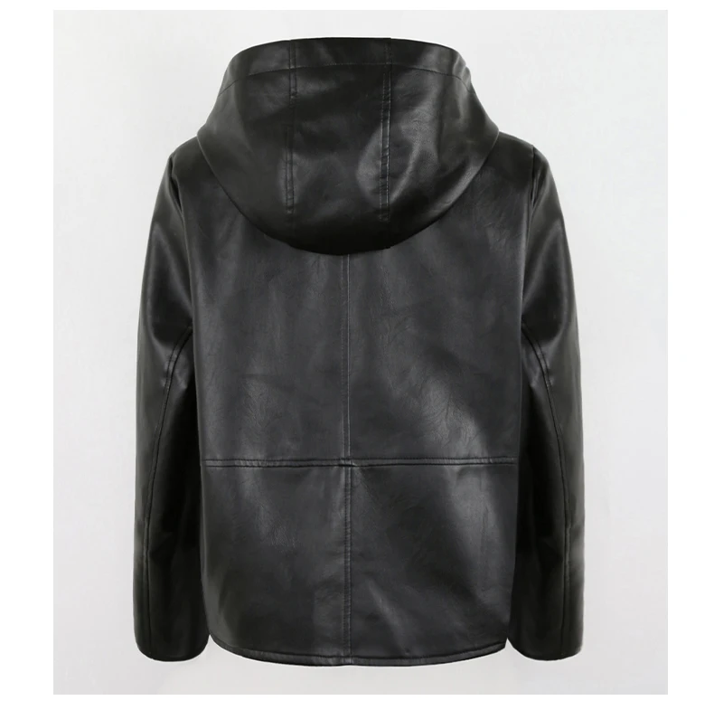 Nerazzurri Spring Autumn Black Short Soft Light Pu Leather Jacket Women with Hood Zipper Waterproof Casual Raincoat Clothes 2022