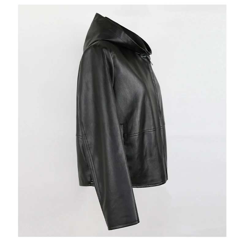 Nerazzurri Spring Autumn Black Short Soft Light Pu Leather Jacket Women with Hood Zipper Waterproof Casual Raincoat Clothes 2022