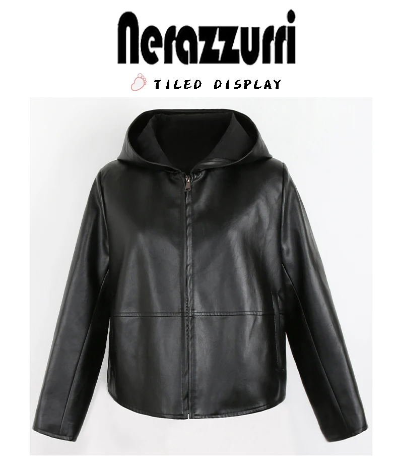 Nerazzurri Spring Autumn Black Short Soft Light Pu Leather Jacket Women with Hood Zipper Waterproof Casual Raincoat Clothes 2022