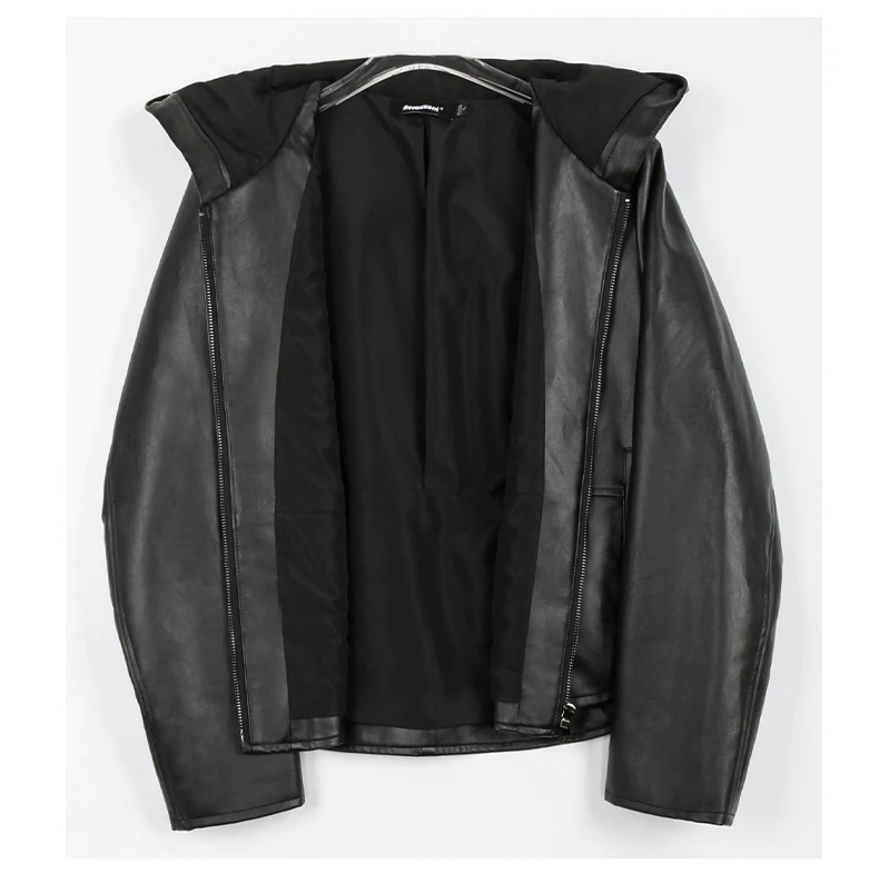 Nerazzurri Spring Autumn Black Short Soft Light Pu Leather Jacket Women with Hood Zipper Waterproof Casual Raincoat Clothes 2022