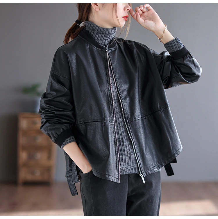 Amax LuluE 2026 Autumn Fashion Biker Clothes Womens Loose Vintage Faux Leather Jackets Luxury Punk Pu Coats Black Big Outerwear