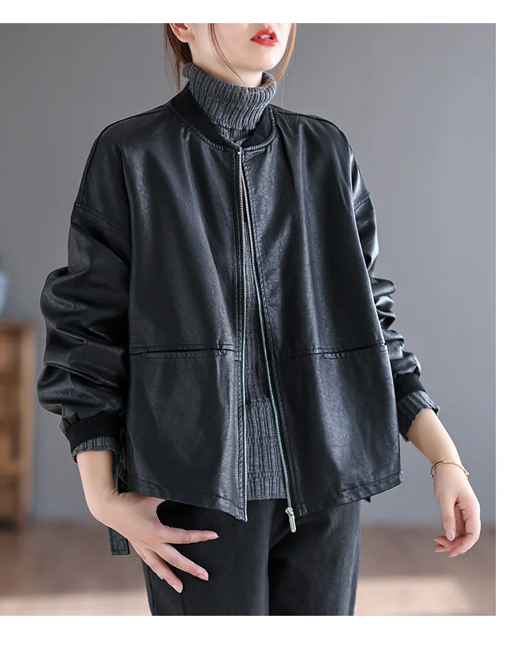 Amax LuluE 2026 Autumn Fashion Biker Clothes Womens Loose Vintage Faux Leather Jackets Luxury Punk Pu Coats Black Big Outerwear