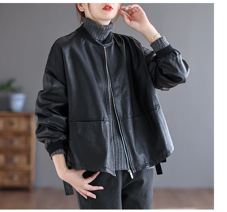 Amax LuluE 2026 Autumn Fashion Biker Clothes Womens Loose Vintage Faux Leather Jackets Luxury Punk Pu Coats Black Big Outerwear