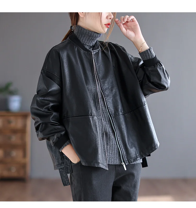 Amax LuluE 2026 Autumn Fashion Biker Clothes Womens Loose Vintage Faux Leather Jackets Luxury Punk Pu Coats Black Big Outerwear