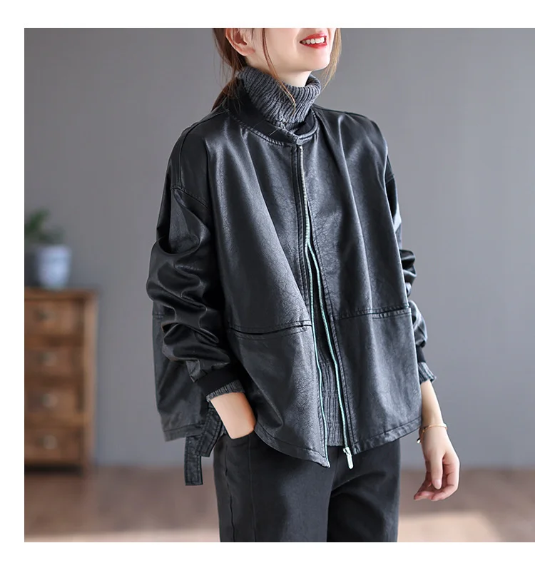 Amax LuluE 2026 Autumn Fashion Biker Clothes Womens Loose Vintage Faux Leather Jackets Luxury Punk Pu Coats Black Big Outerwear