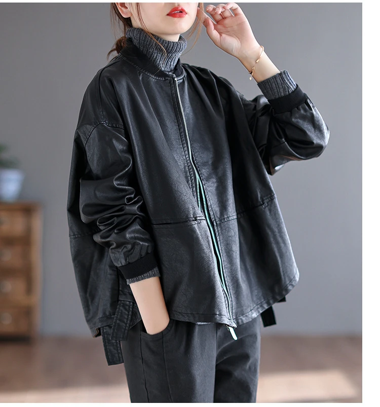 Amax LuluE 2026 Autumn Fashion Biker Clothes Womens Loose Vintage Faux Leather Jackets Luxury Punk Pu Coats Black Big Outerwear