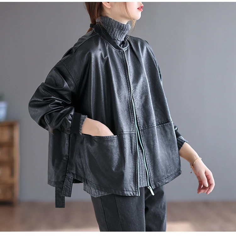 Amax LuluE 2026 Autumn Fashion Biker Clothes Womens Loose Vintage Faux Leather Jackets Luxury Punk Pu Coats Black Big Outerwear